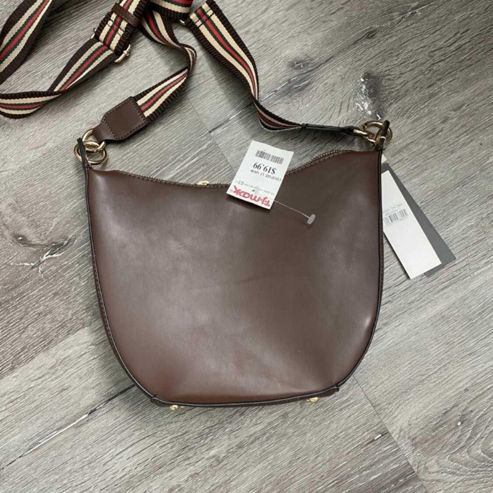 Elegant Brown Crossbody Bag with Striped Strap